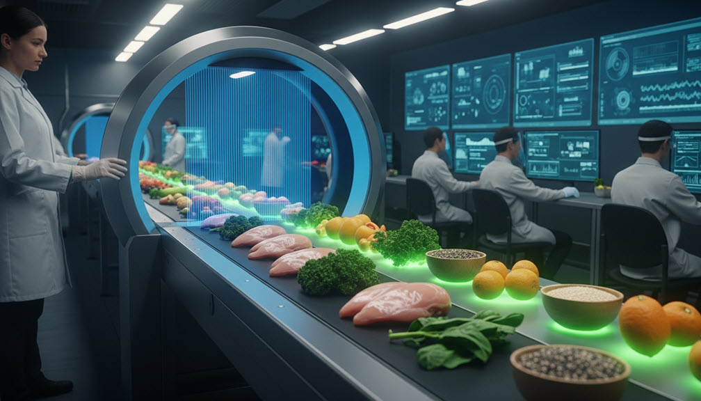 A wide-angle landscape photograph inside a futuristic food testing laboratory, showing raw chicken, kale, and fruit on a conveyor belt passing through a blue laser scanning portal. The food glows with a green light after exiting the scanner, while scientists monitor data on large screens in the background.