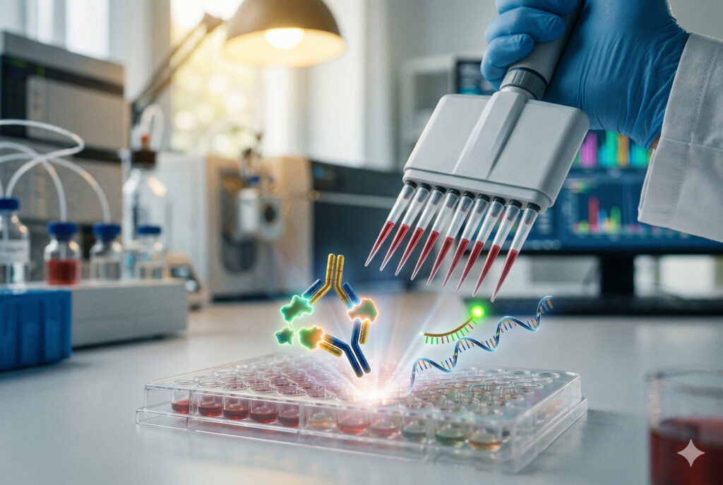 A gloved hand uses a multichannel pipette to dispense liquid into a microplate in a modern laboratory. Glowing graphical representations of an antibody and a DNA double helix hover above the wells, symbolizing advanced biomarker analysis and molecular diagnostics.