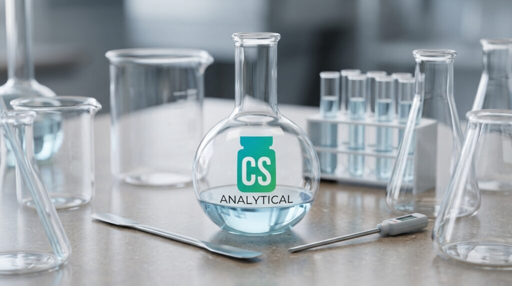 close-up image of laboratory glassware on a modern benchtop, the central flask has the CS analytical logo on it.