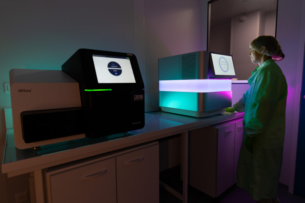 Illumina MiSeq next-generation sequencing instrument in a Clean Cells GMP laboratory used for viral safety testing.