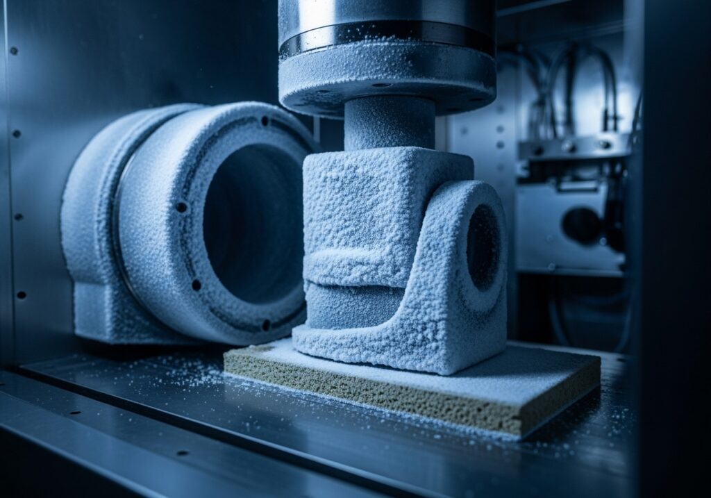 Frosted industrial components, possibly metal or ceramic, undergoing cold-weather testing in a laboratory chamber. A thick layer of frost covers the parts, suggesting extreme low temperatures.