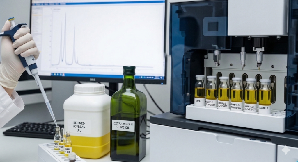 Laboratory technician preparing edible oil samples for gas chromatography (GC) analysis. The setup features source bottles of Refined Soybean Oil and Extra Virgin Olive Oil beside an autosampler loaded with test vials and a monitor displaying a lipid chromatogram.
