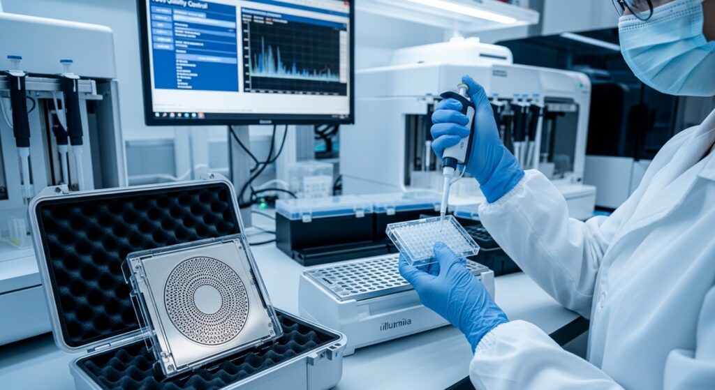 A scientist in sterile PPE performs high-throughput Next-Generation Sequencing (NGS) library preparation using a 96-well plate and magnetic rack inside a modern contract laboratory, with a sequencing flow cell in the foreground.