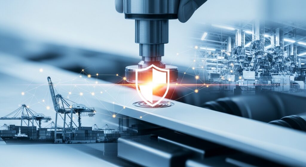 A conceptual illustration representing NRTL product certification, showing a glowing safety shield icon being stamped onto a piece of industrial hardware against a backdrop of global supply chain logistics and data streams.