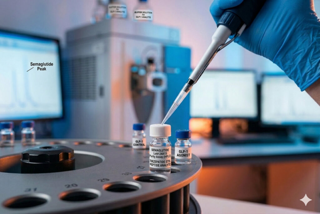 A gloved scientist uses a micropipette to prepare a sample vial labeled for Semaglutide and Tirzepatide purity testing in an analytical laboratory, with an HPLC chromatogram visible in the background.