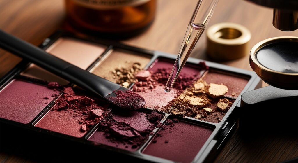 A detailed macro photograph showing a glass pipette suspending a single amber-colored droplet just above a viscous, swirling mixture of dark charcoal and coral-colored cosmetic pigments on a dark glass slide. The scene is illuminated by focused warm light against a blurred laboratory background with copper accents.