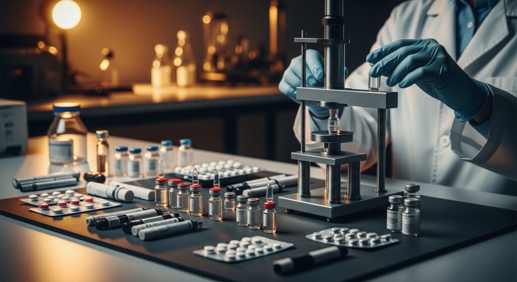 An array of glass vials with colored aluminum crimps, sleek auto-injectors, and silver blister packs rest on a clean, dark-grey matte lab bench. A scientist in a white lab coat and nitrile gloves is gently placing a vial into a high-tech metallic testing apparatus used for drug packaging.