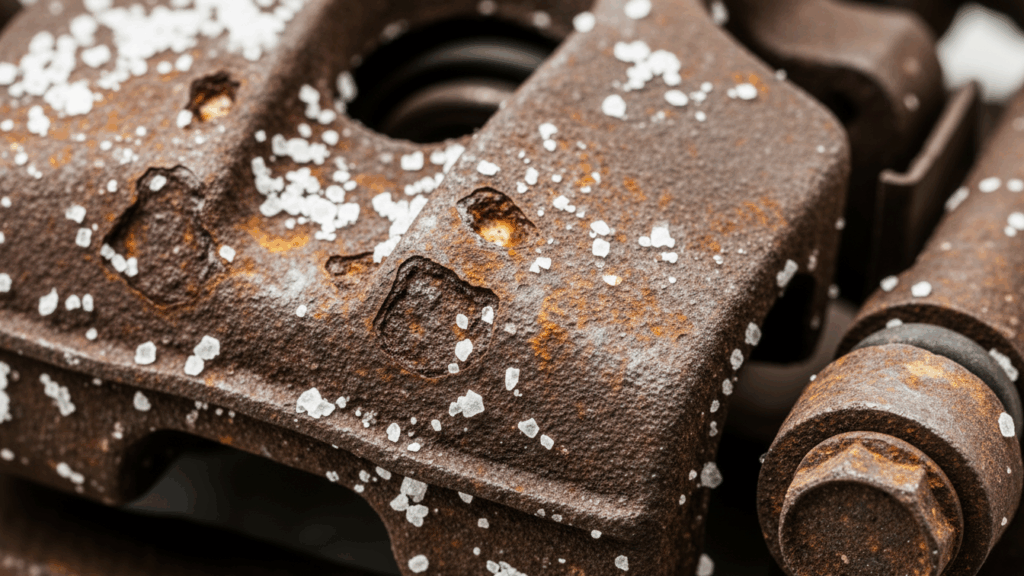 A close-up image of a metal part (e.g., automotive underbody, bolt, bracket, or coated panel) showing early corrosion, salt crystals, or pitting damage.