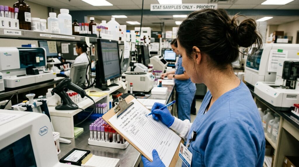 Lab technician holding a clipboard and performing STAT laboratory tests