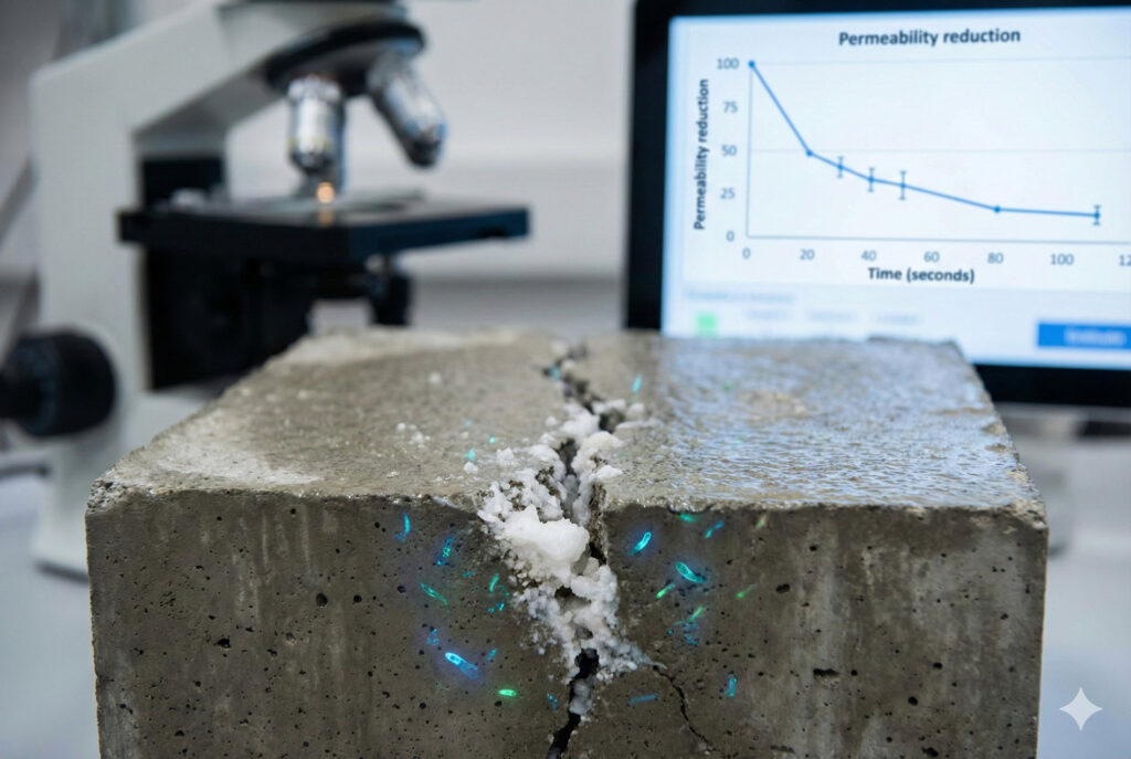 Close-up of a self-healing concrete specimen in a laboratory setting, focusing on a central crack filled with white calcium carbonate crystals, accented by artistic blue and green glowing highlights to represent the microbial activity.