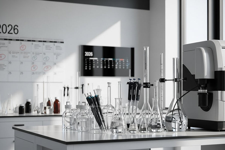 A bright, modern lab interior with glassware or instruments in focus and a wall calendar and a 2026 planner in the background.