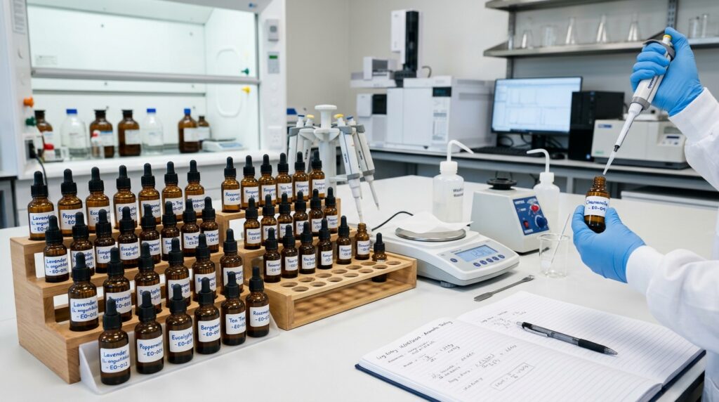modern lab bench with stacked bottles of essential oils preparing for testing