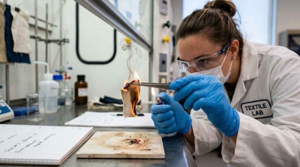 Lab technician performing a fabric burn test by burning a small sample of cloth ofer an open flame