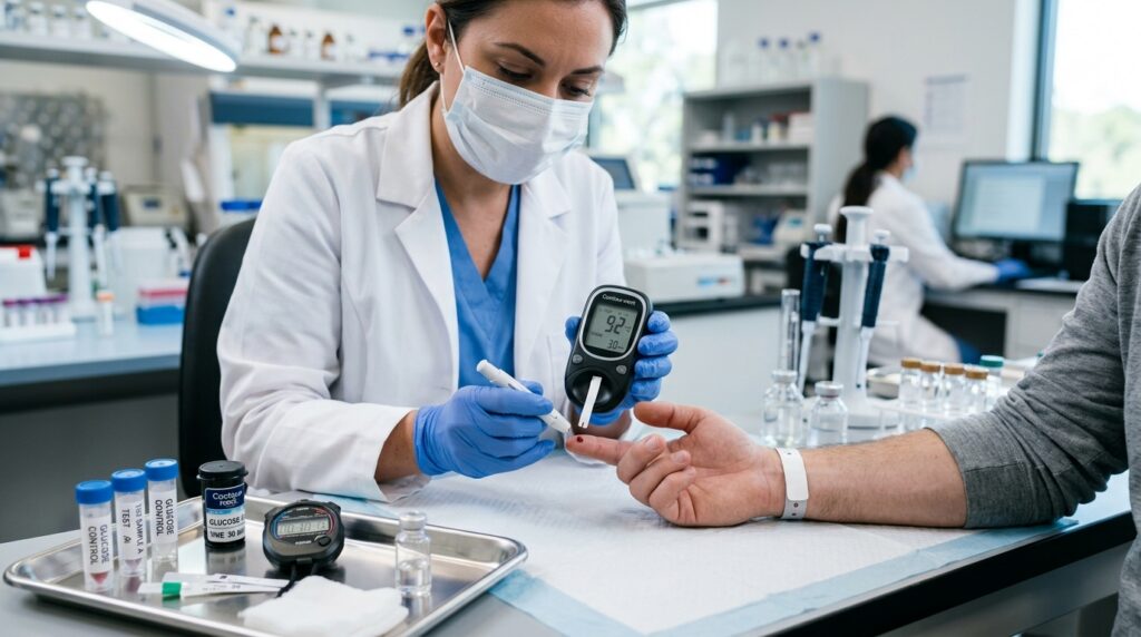 lab technician performing a blood glucose test to determine glycemic index