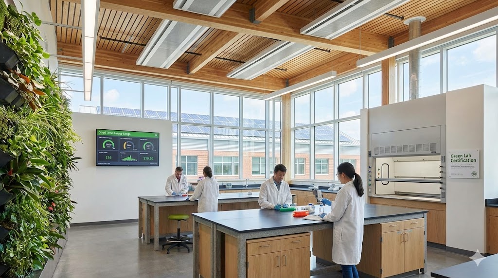 A bright, modern laboratory interior featuring a large living green wall on the left, exposed mass timber ceiling beams, and scientists working at benches. Large windows fill the room with natural light and show rooftop solar panels on the building outside.