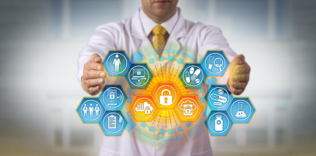 Unrecognizable pharmaceutical scientist protecting sensitive drug research data via encryption applications. Pharma data management and security metaphor for compliance, information security, BYOD.