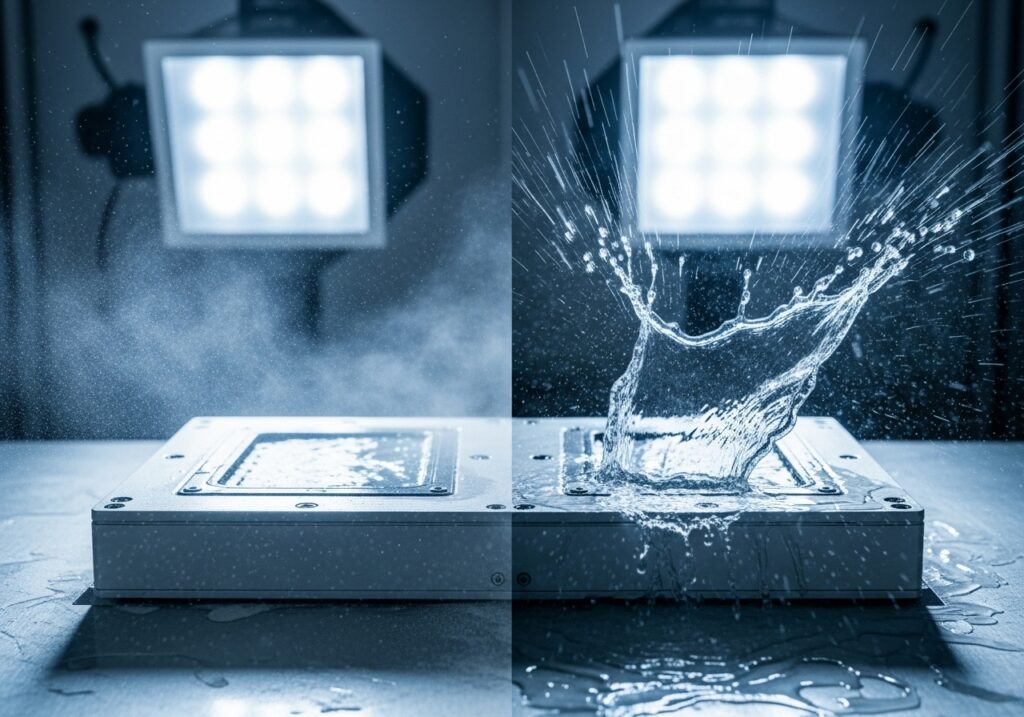 electronid device with dust and water surrounding it showing ingress protection testing