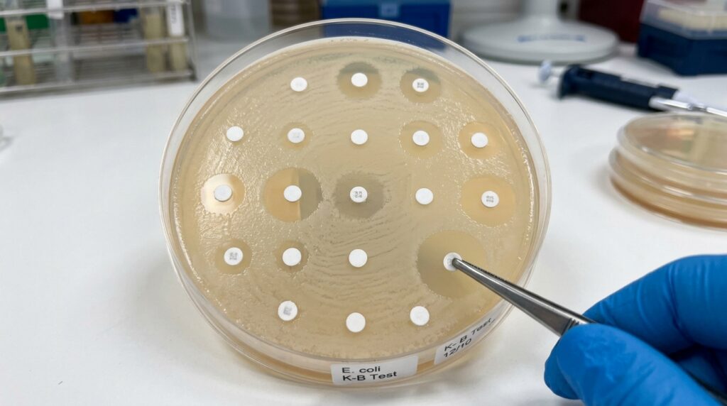 Petri dish showing the Kirby-Bauer Disk diffusion test. White growth spots appearing on Meuller Hinton agar