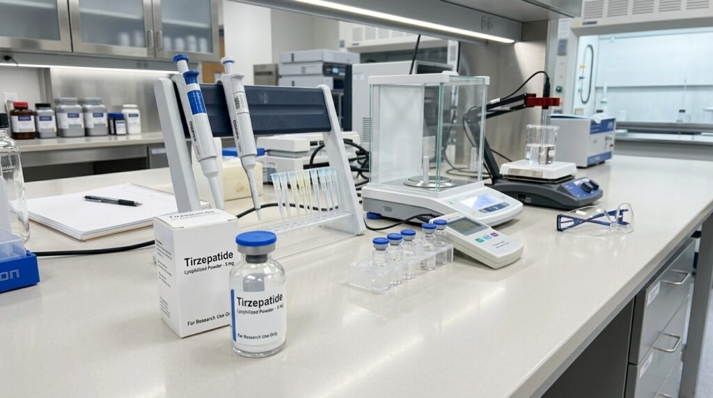 modern lab bench with box and vial of tirzepatide ready for testing