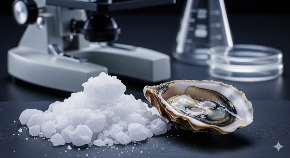 sea salt and oyster on a laboratory bench illustrating the importnace of microplastics testing in food products