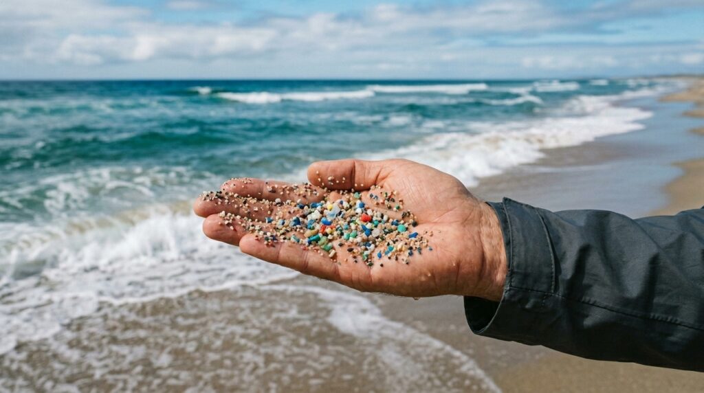 Hand holding beach sand with visible microplastic pieces beach is visabile in the background. Microplastics and PFAS represent serious environmental concerns