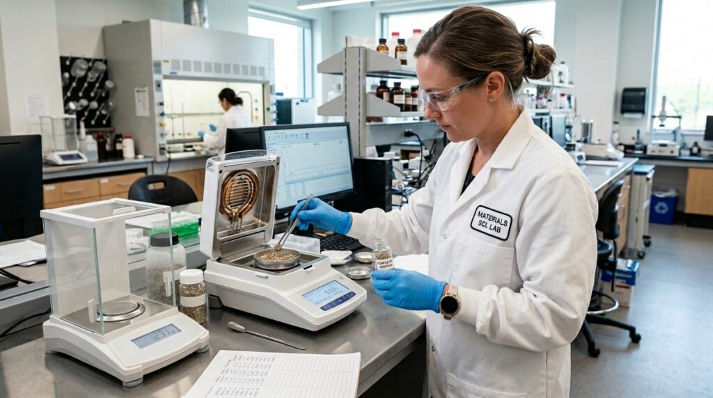 laboratory technician adding a sample to a moisture balance for moisture content testing