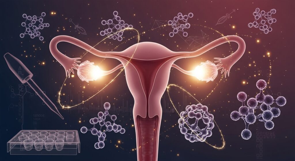 A graceful, high-detail scientific visualization of the female reproductive system, softly lit, with the ovaries highlighted as luminous focal points. Floating around the scene, show abstract molecular biomarkers and protein structures gently orbiting or forming connection networks, suggesting early detection and diagnostic screening. Use a palette of soft rose, deep violet, and warm gold accents to convey seriousness and care. Subtle overlays of lab imagery (pipette tip silhouette, microplate wells, faint genomic sequencing lines) blend into the background. Style: elegant, modern biomedical illustration with a hopeful tone. Illustating the significance of ovarian cancer screening
