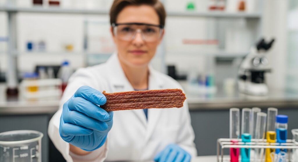 scientist folding a poece of jerkey-style pet treat e,phasizing the importance of laboratory testing