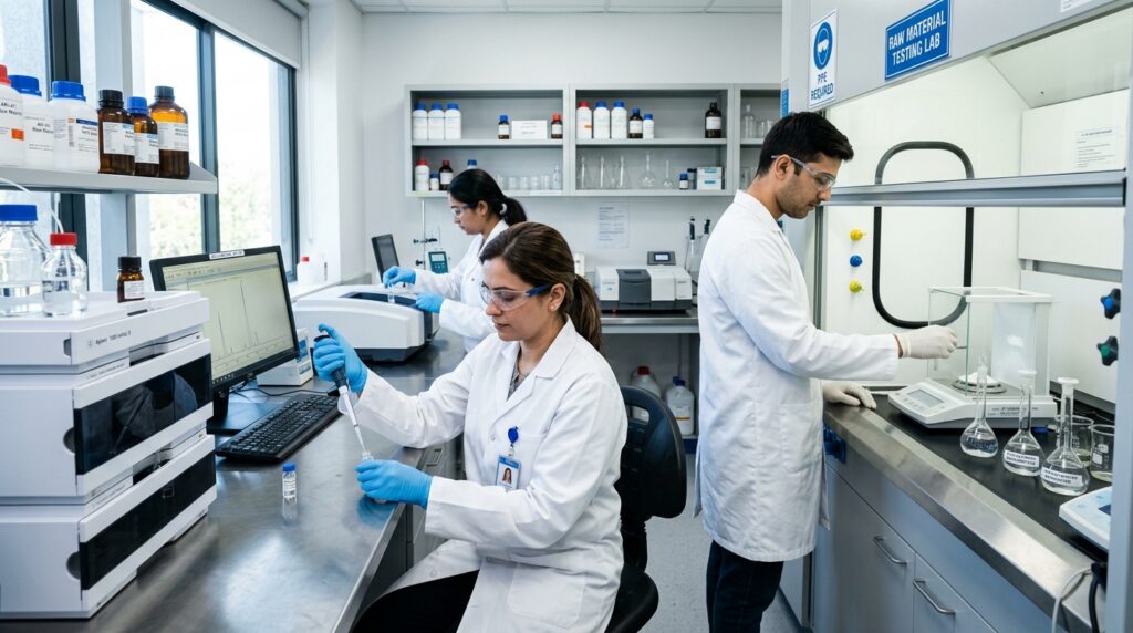 workers in a modern lab performing raw materials testing for pharmaceutical development