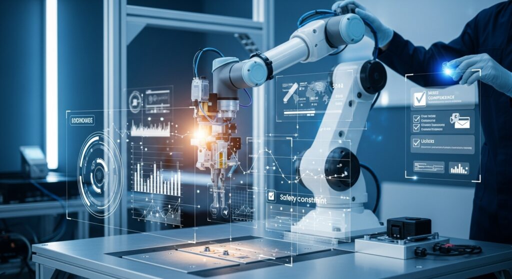 A high-tech robotic arm undergoing testing in a modern lab environment.