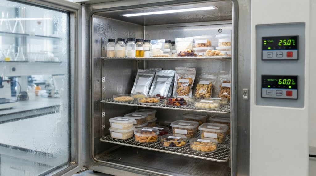 Food product samples inside a laboratory stability testing chamber with visible temperature and humidity controls