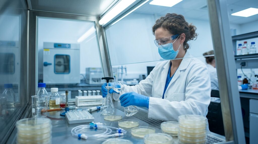 lab terchnician working at a biosafety cabinet performing sterility testing on a medical device