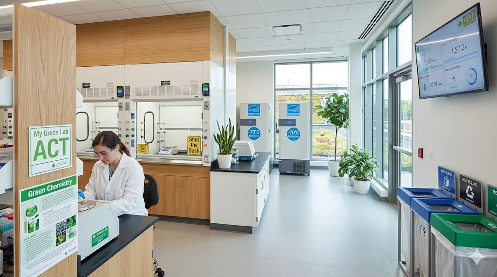 Scientist working in a sustainable laboratory featuring My Green Lab ACT certification signage, recycling stations, and energy-efficient ultra-low temperature freezers set to -70 degrees to reduce energy consumption.