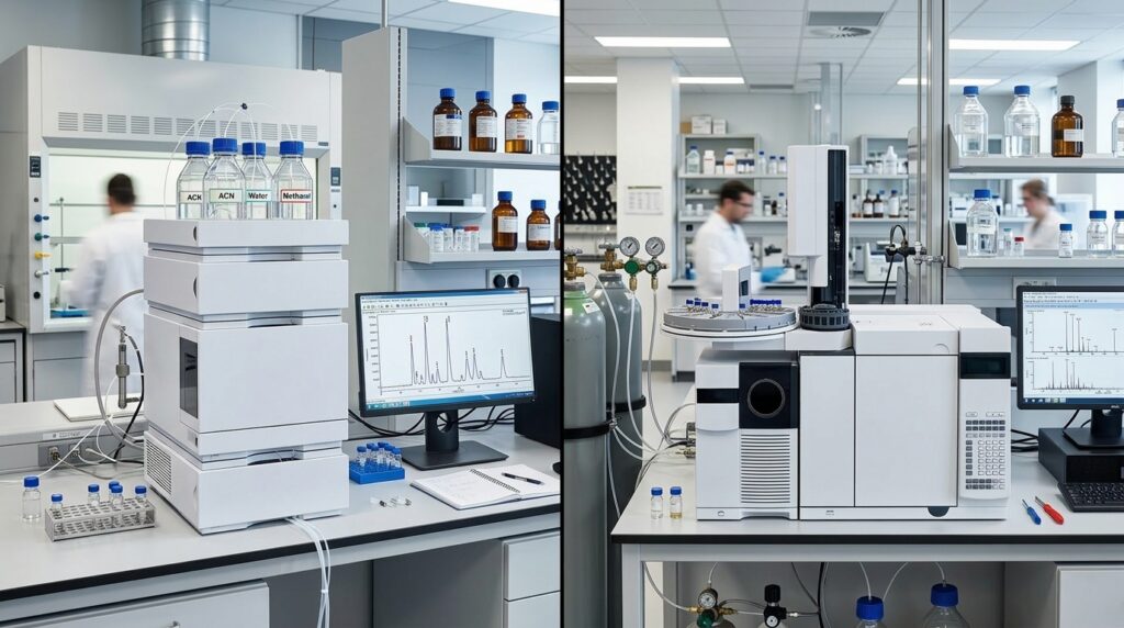Split image showing an HPLC and Gas Chromatography system.