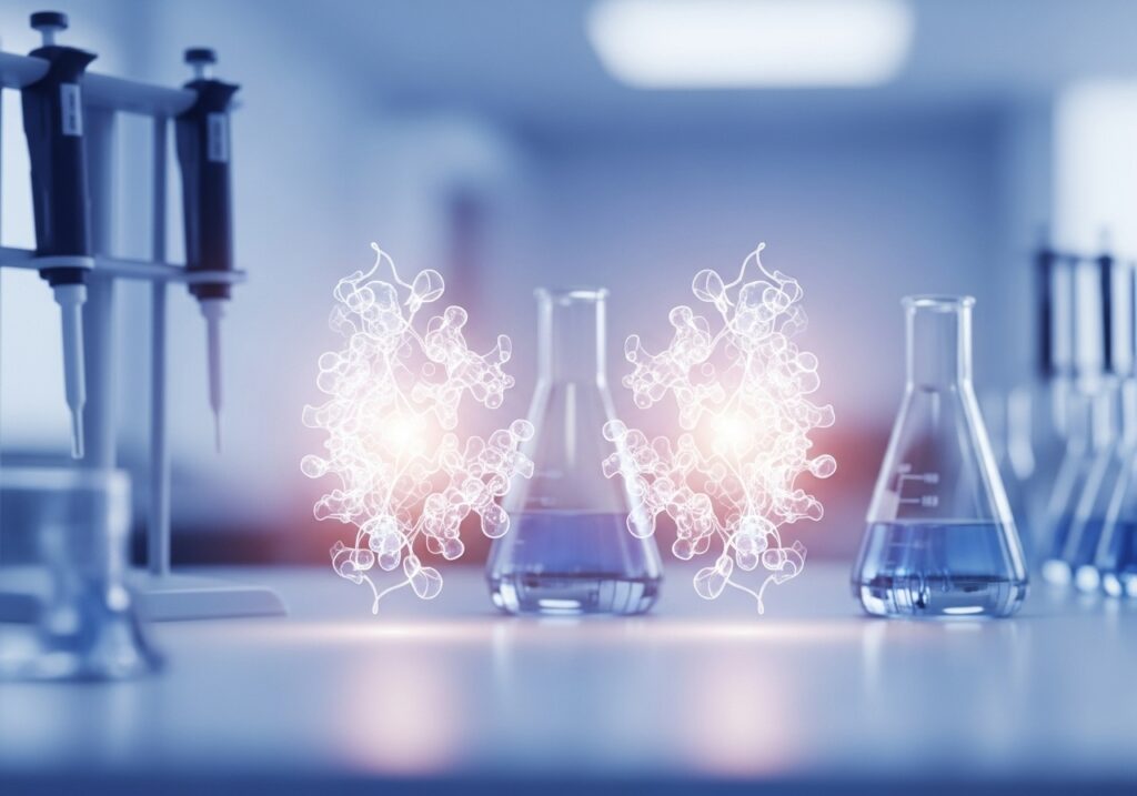 moern lab bench with biosimial glowing molecules among glassware