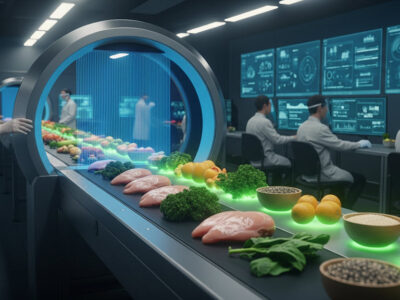 A wide-angle landscape photograph inside a futuristic food testing laboratory, showing raw chicken, kale, and fruit on a conveyor belt passing through a blue laser scanning portal. The food glows with a green light after exiting the scanner, while scientists monitor data on large screens in the background.