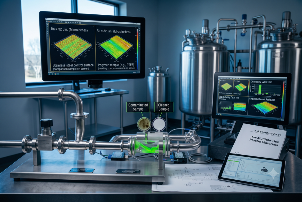 A modern laboratory workbench featuring a 3-A Standard 20-27 compliance testing setup. A clear testing rig uses green fluorescent tracer liquid to evaluate polymer cleanability, showing both a contaminated and cleaned sample. Computer monitors display 3D surface topography maps comparing the surface roughness (Ra) of a stainless steel control against a polymer sample. A printed 3-A Standard 20-27 manual and technical schematics sit in the foreground on the stainless steel table.
