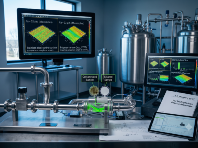 A modern laboratory workbench featuring a 3-A Standard 20-27 compliance testing setup. A clear testing rig uses green fluorescent tracer liquid to evaluate polymer cleanability, showing both a contaminated and cleaned sample. Computer monitors display 3D surface topography maps comparing the surface roughness (Ra) of a stainless steel control against a polymer sample. A printed 3-A Standard 20-27 manual and technical schematics sit in the foreground on the stainless steel table.
