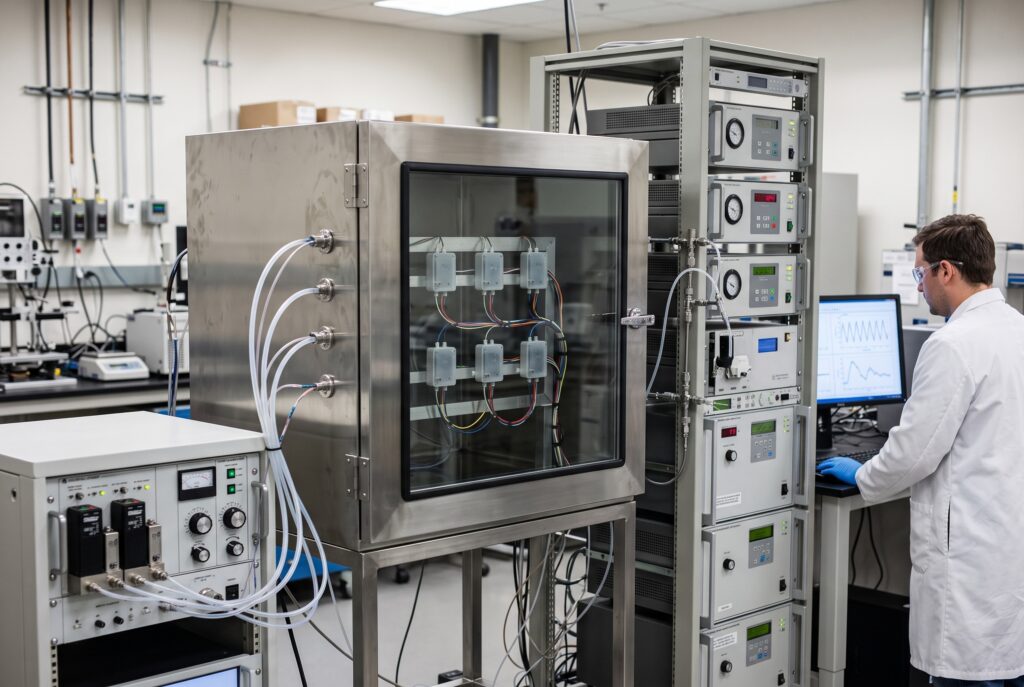 Environmental testing technician evaluates low-cost ambient air quality sensors inside an exposure chamber connected to reference gas analyzers
