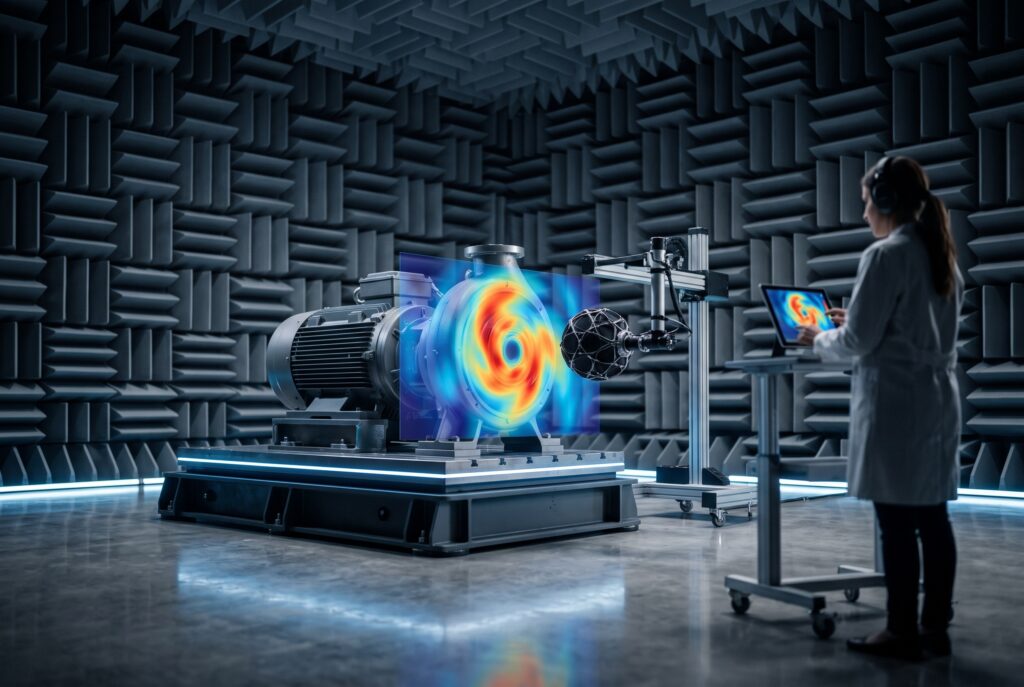 Technician conducting acoustic testing on an industrial motor inside a hemi-anechoic chamber, utilizing a spherical microphone array and real-time digital noise heat map.