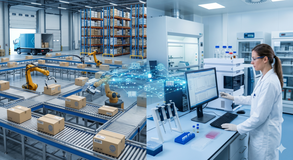 A professional photograph visually blending state-of-the-art global logistics with laboratory science. On the left, an automated distribution center features robotic arms and conveyor belts handling packages. On the right, a lab technician in a white coat and safety glasses stands by complex analytical testing equipment and a digital screen showing data, symbolizing the synergy between efficient shipping and scientific precision.