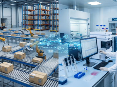 A professional photograph visually blending state-of-the-art global logistics with laboratory science. On the left, an automated distribution center features robotic arms and conveyor belts handling packages. On the right, a lab technician in a white coat and safety glasses stands by complex analytical testing equipment and a digital screen showing data, symbolizing the synergy between efficient shipping and scientific precision.