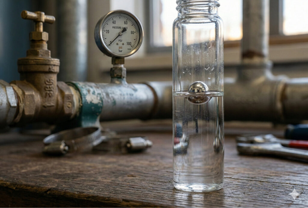 A clear glass water testing vial with a floating metallic sphere sitting on a wooden workbench, with blurred industrial pipes, valves, and a pressure gauge in the background, representing field-ready Biological Activity Reaction Test (BART) kits for water analysis.