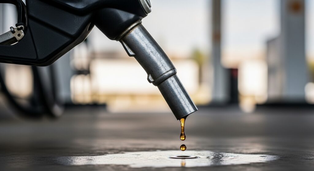 gas pump nozzle with fuel dripping on the ground illustrating the importance of BTEX testing