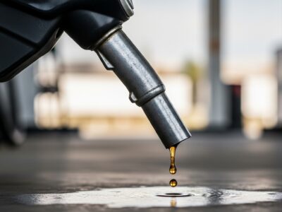 gas pump nozzle with fuel dripping on the ground illustrating the importance of BTEX testing