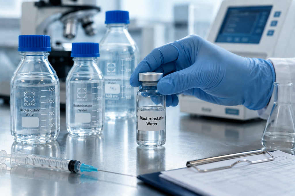Photorealistic laboratory bench with gloved hand holding a vial labeled bacteriostatic water, alongside sterile syringes and Schott-Duran-style reagent bottles filled with clear liquid.