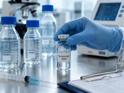 Photorealistic laboratory bench with gloved hand holding a vial labeled bacteriostatic water, alongside sterile syringes and Schott-Duran-style reagent bottles filled with clear liquid.