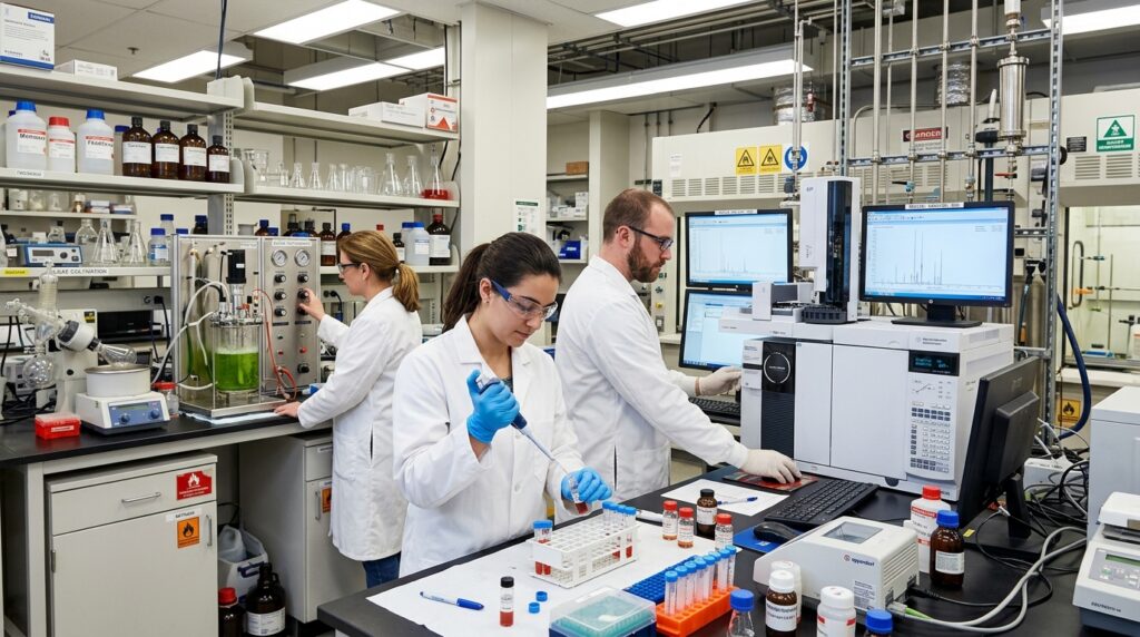 three laboratory technicians working an a biofuel testing lab