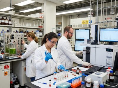three laboratory technicians working an a biofuel testing lab