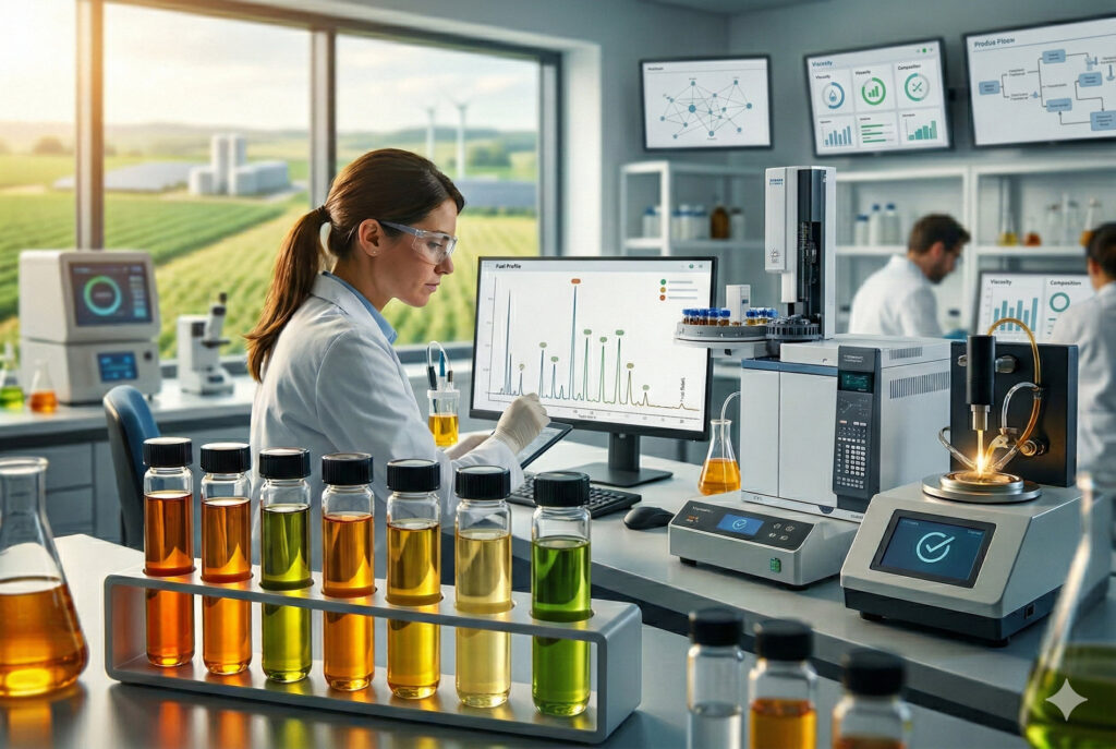 A bright, modern laboratory setting where a female scientist in a lab coat and safety glasses reviews analytical data on a tablet and computer monitor. In the foreground, a rack holds glass vials filled with different shades of yellow and green biofuels. To the right, high-tech testing machines analyze samples. Large windows in the background look out over sunny agricultural fields and wind turbines.